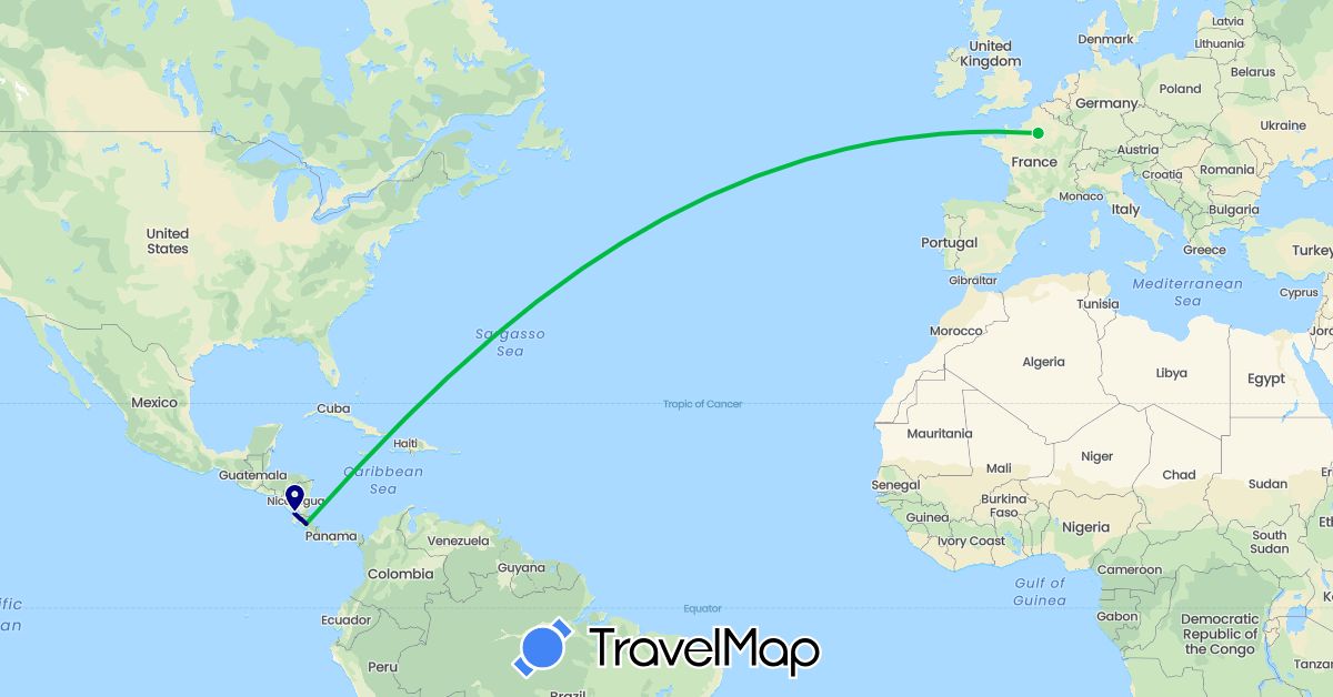 TravelMap itinerary: driving, bus in Costa Rica, France (Europe, North America)
